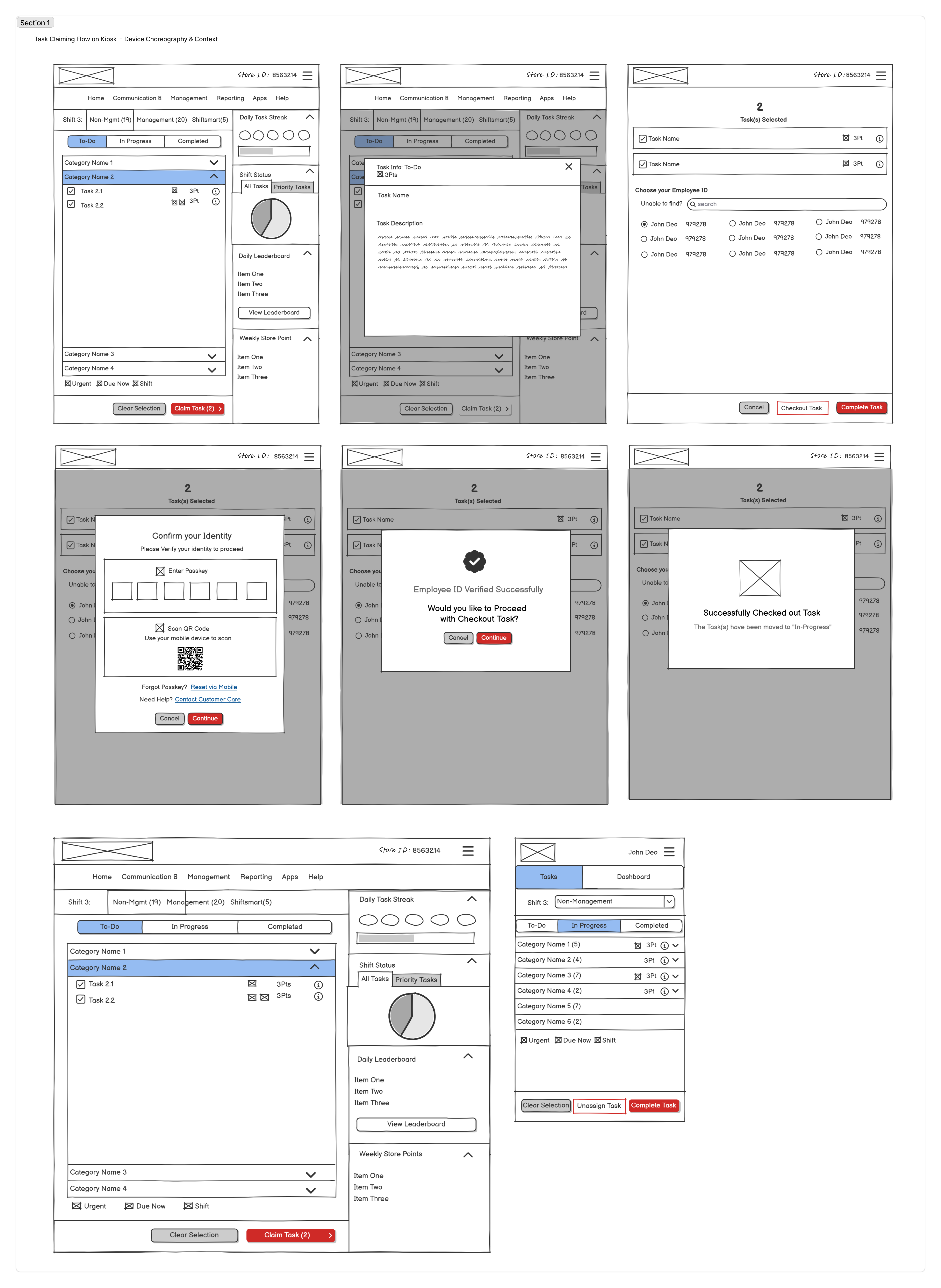Task claiming and checkout wireframe flow — task list, task detail, employee ID selection, identity confirmation, and checkout confirmation