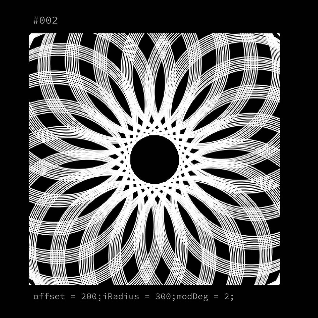 Generative composition #002: a dense 8-petal flower silhouette formed from overlapping circles, offset 200, angle step 2 degrees