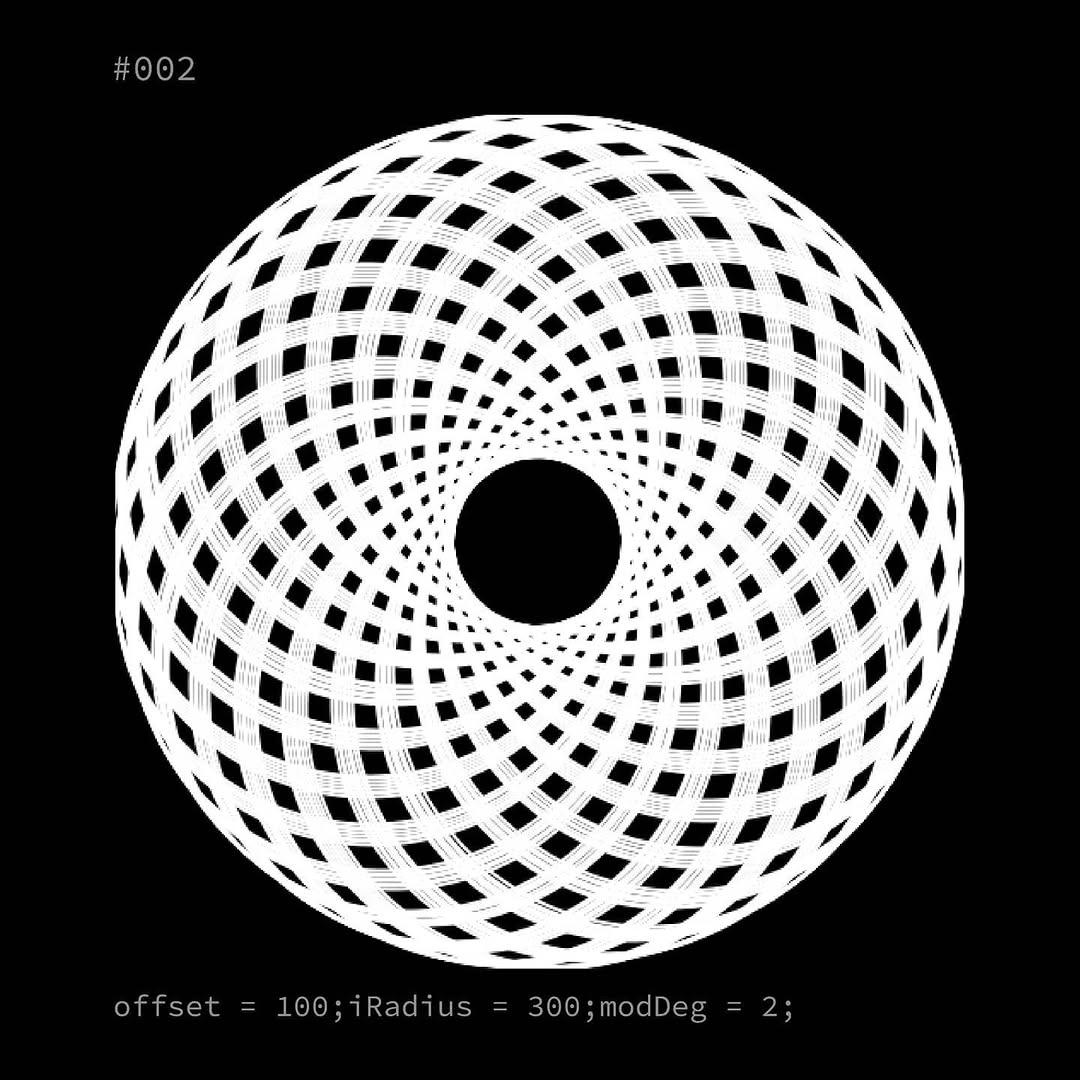 Generative composition #002: a spiralling pinwheel of overlapping circles, offset 100, angle step 2 degrees