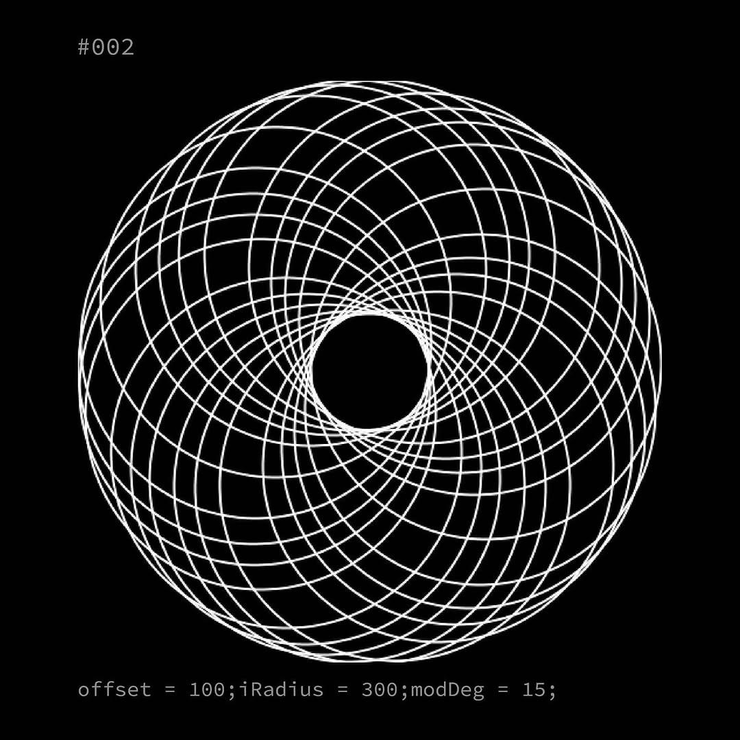 Generative composition #002: a densely woven ring with a fine checkerboard texture, offset 100, angle step 15 degrees