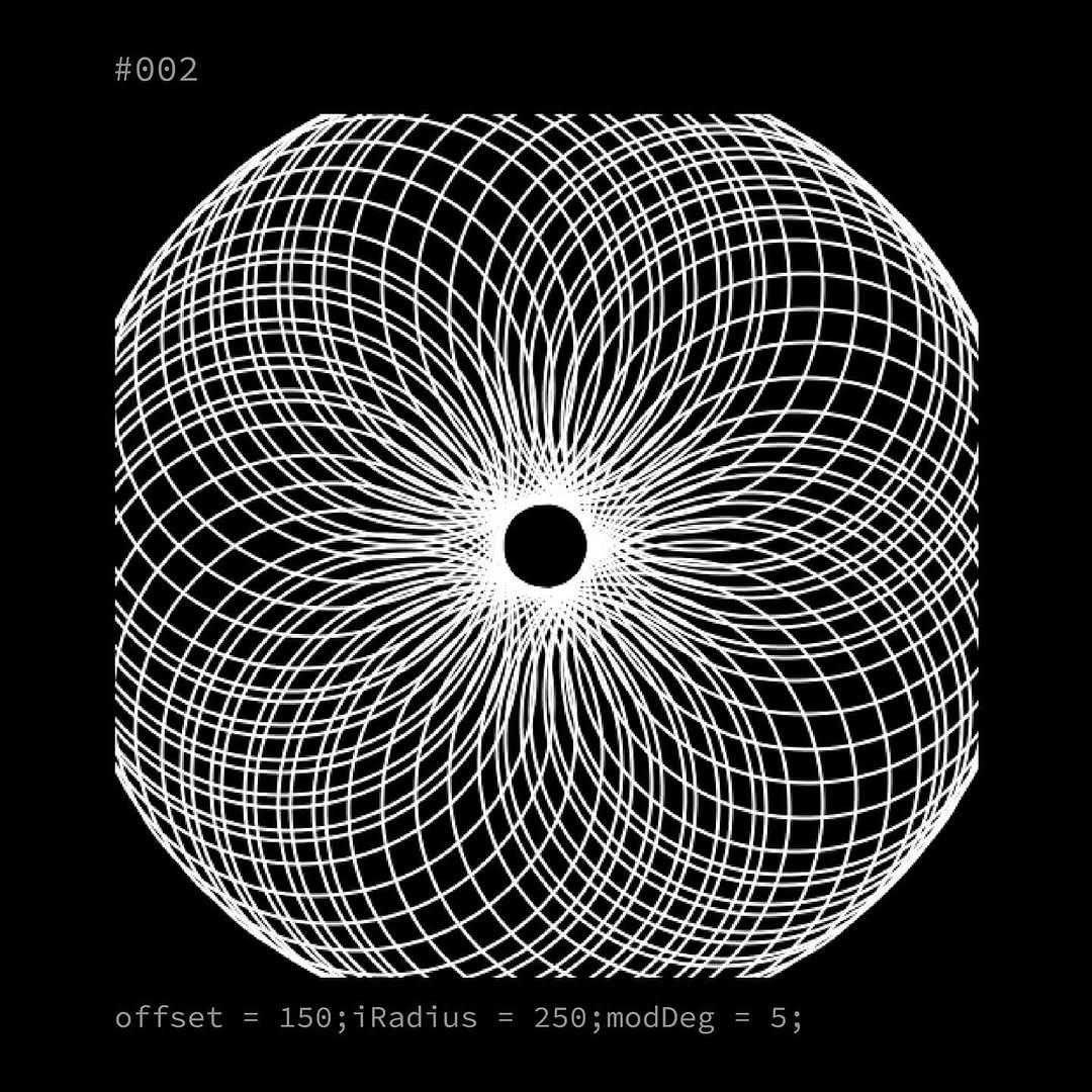 Generative composition #002: a radial starburst inside a rounded-square silhouette, offset 150, inner radius 250, angle step 5 degrees