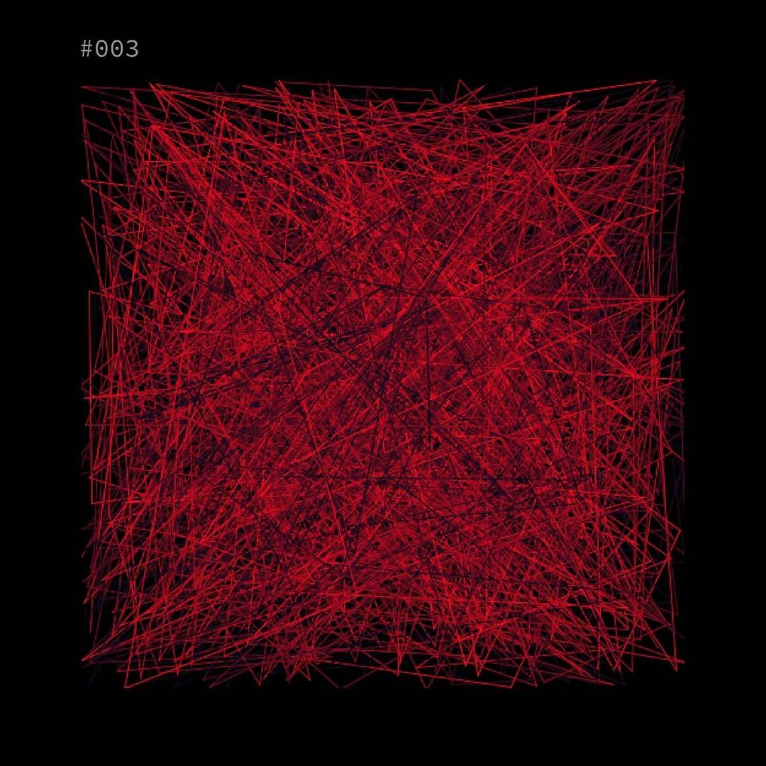 Generative composition #003: a dense red scribble of randomly placed triangles on black