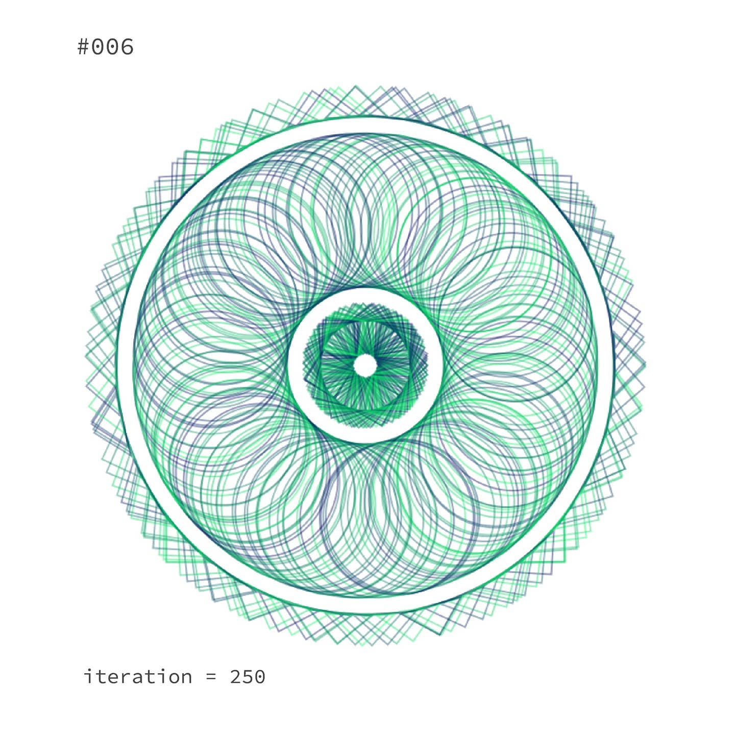 Generative composition #006: a large flower pattern of overlapping circles inside a zigzag ring border, iteration 250