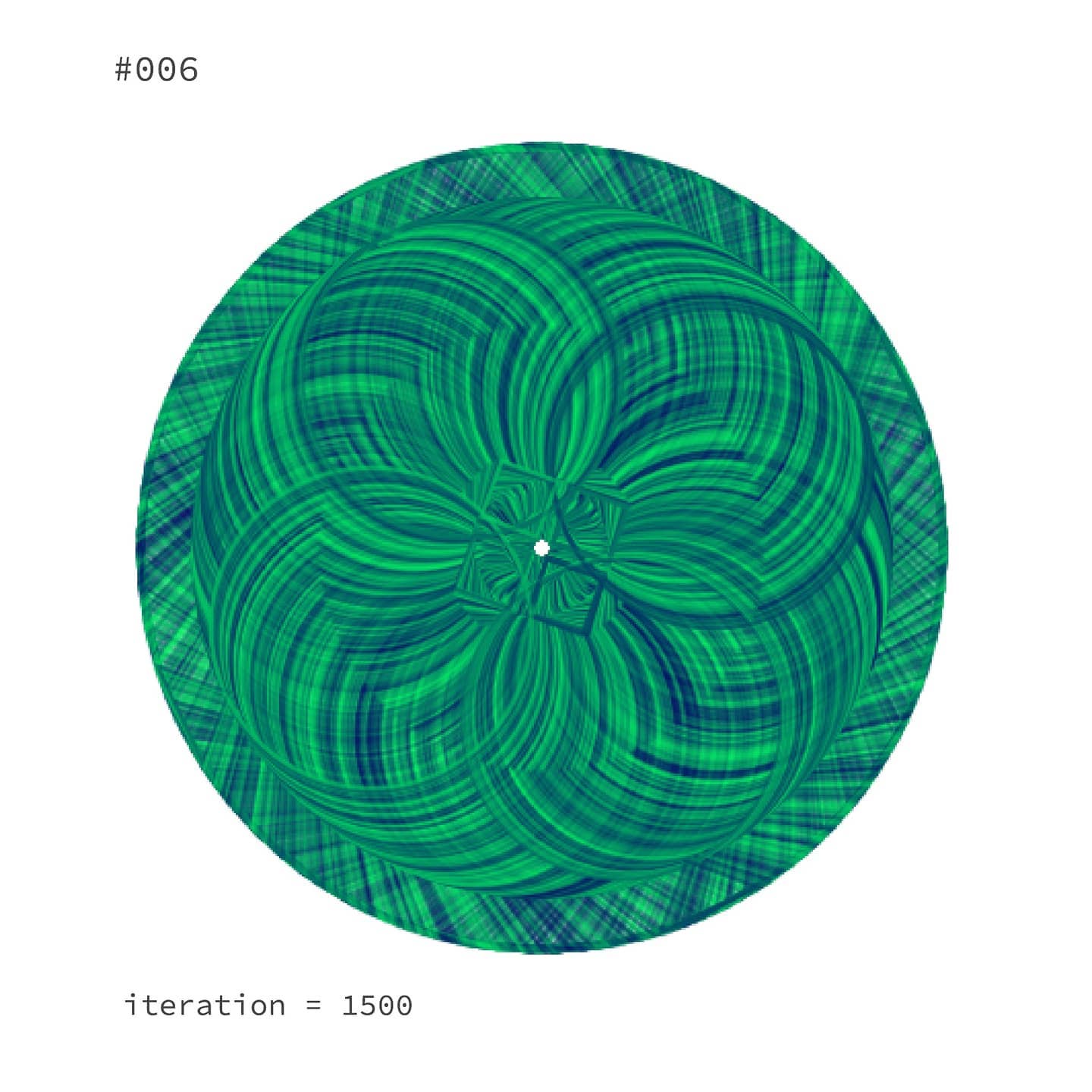 Generative composition #006: a dense swirl filling the entire circle, iteration 1500
