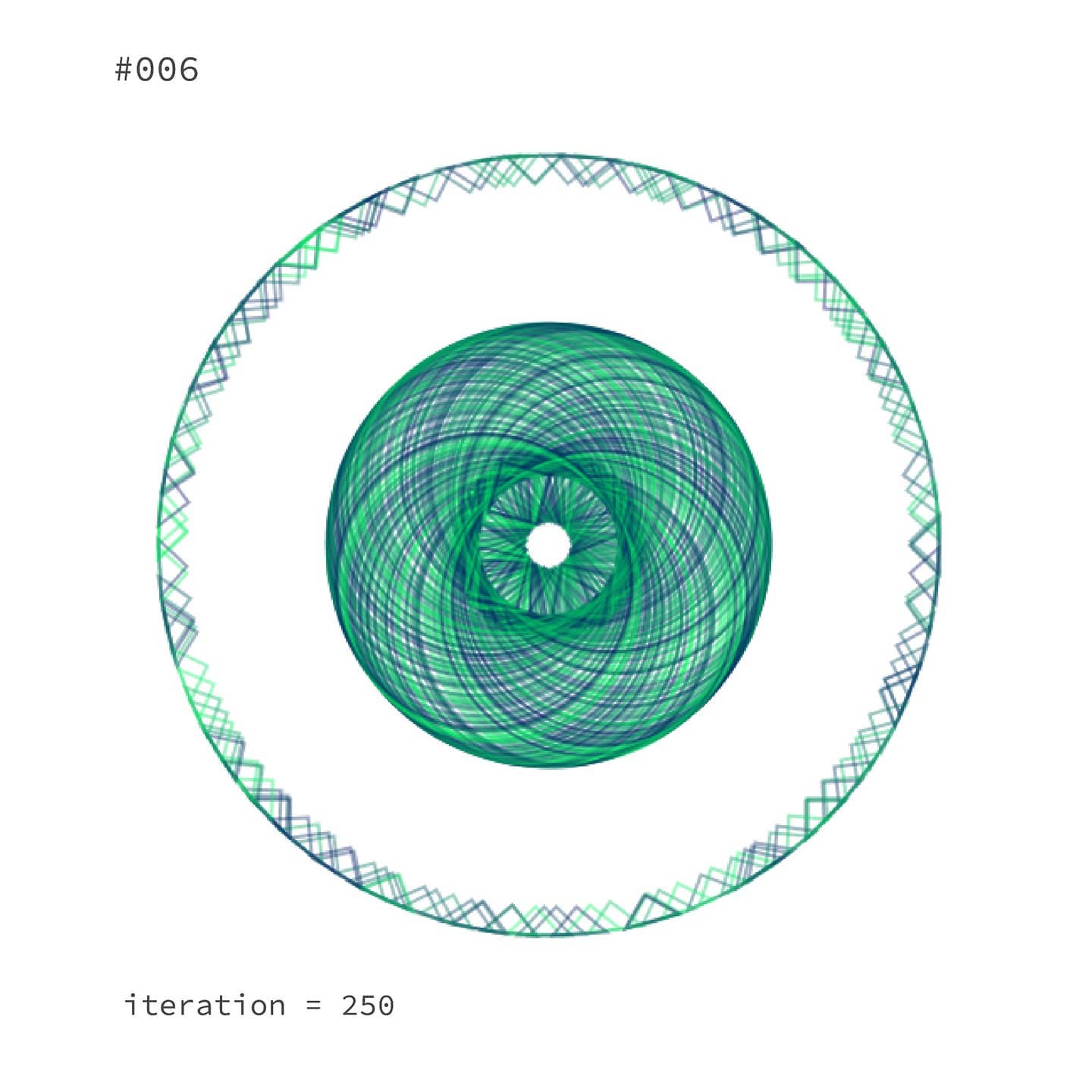 Generative composition #006: a flower pattern with a wide zigzag outer ring set further apart, iteration 250
